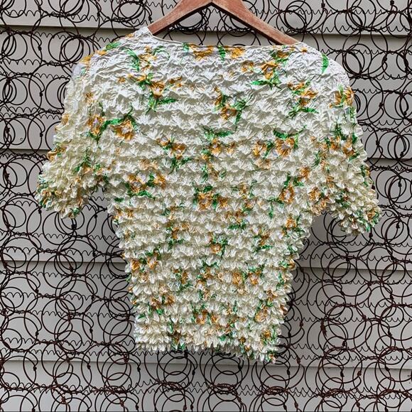 Y2K popcorn blouse retro floral cream gold - Picture 4 of 4